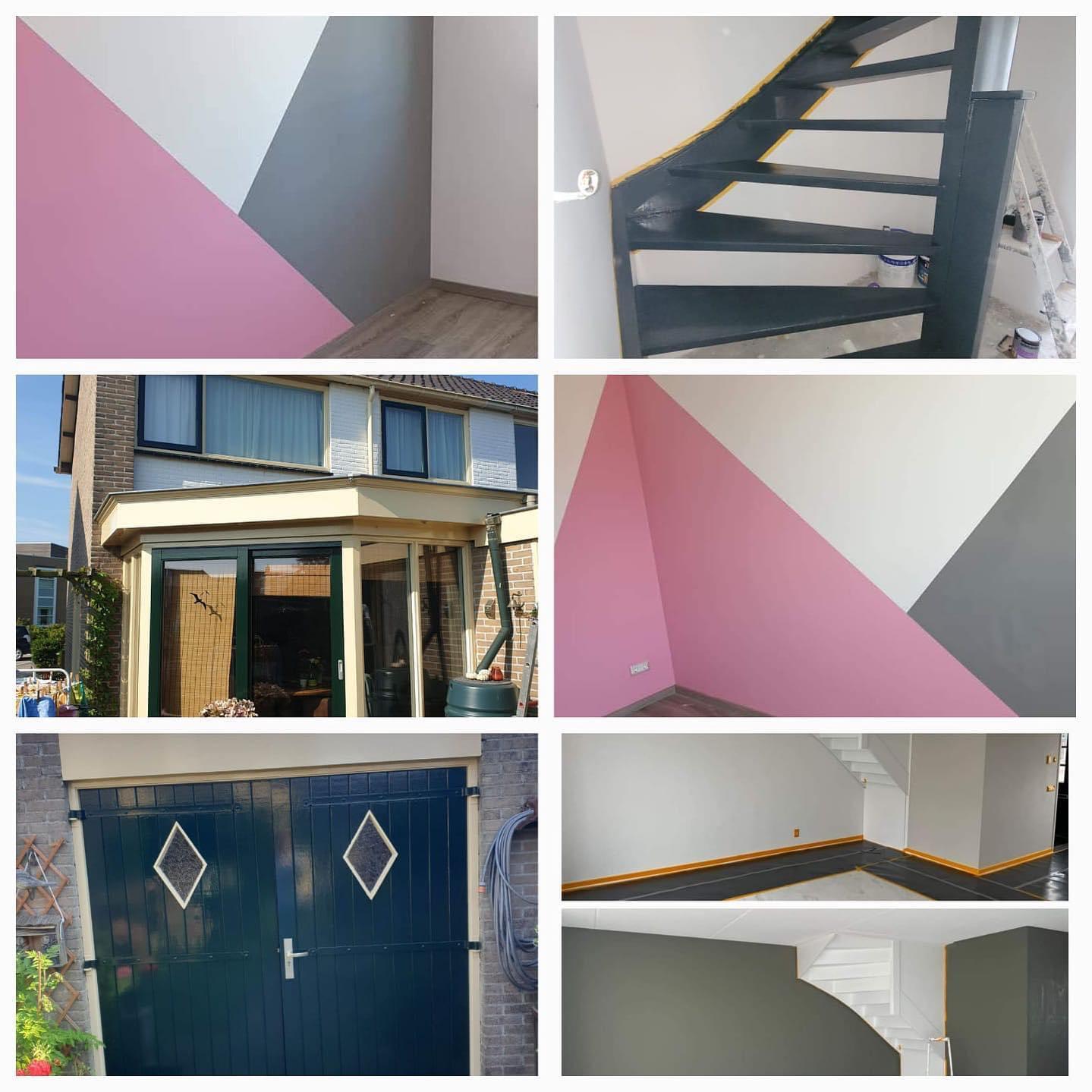 Collage schilderwerk projecten: geometrische accentmuur, gevel, garagedeur en trap — schilder Noord-Holland